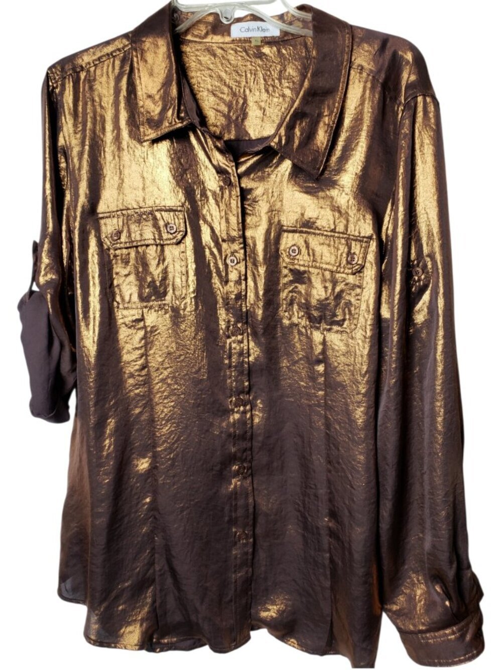 Calvin Klein Button Up Roll Tab Sleeves Womens Shirt Metallic Bronze XLarge - Picture 2 of 12